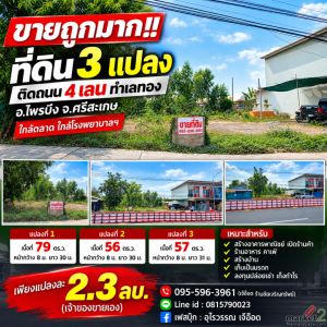ขายถูกมาก!! ที่ดิน 3 แปลง 56 57 79 ตร.ว. ติดถนน 4 เลน ทำเลทอง อ.ไพรบึง จ.ศรีสะเก